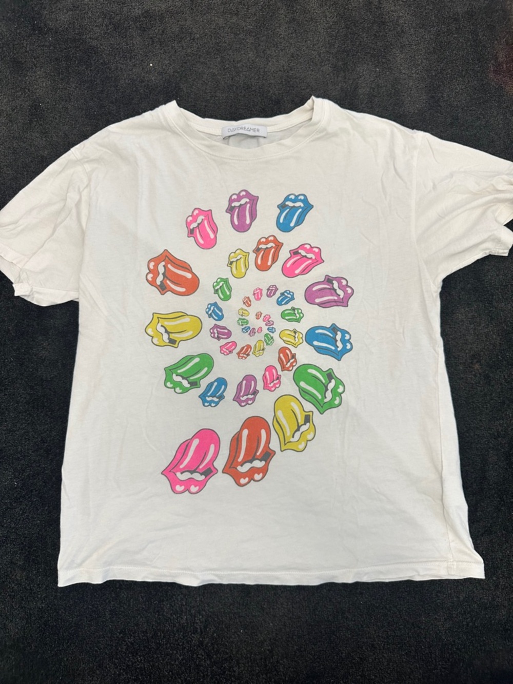 Daydreamer White Tee with Spiral Multicolor Tongue Graphic